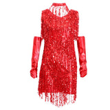 Maxbell V Neck 1920s Sequin Fringe Charleston Flapper Dance Dresses Costumes L red - Aladdin Shoppers