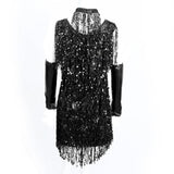 Maxbell V Neck 1920s Sequin Fringe Charleston Flapper Dance Dresses Costumes M silver black - Aladdin Shoppers