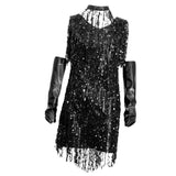 Maxbell V Neck 1920s Sequin Fringe Charleston Flapper Dance Dresses Costumes M silver black - Aladdin Shoppers