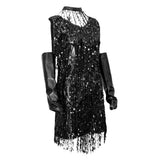 Maxbell V Neck 1920s Sequin Fringe Charleston Flapper Dance Dresses Costumes M silver black - Aladdin Shoppers