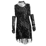 Maxbell V Neck 1920s Sequin Fringe Charleston Flapper Dance Dresses Costumes M silver black - Aladdin Shoppers