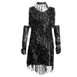 Maxbell V Neck 1920s Sequin Fringe Charleston Flapper Dance Dresses Costumes M silver black - Aladdin Shoppers