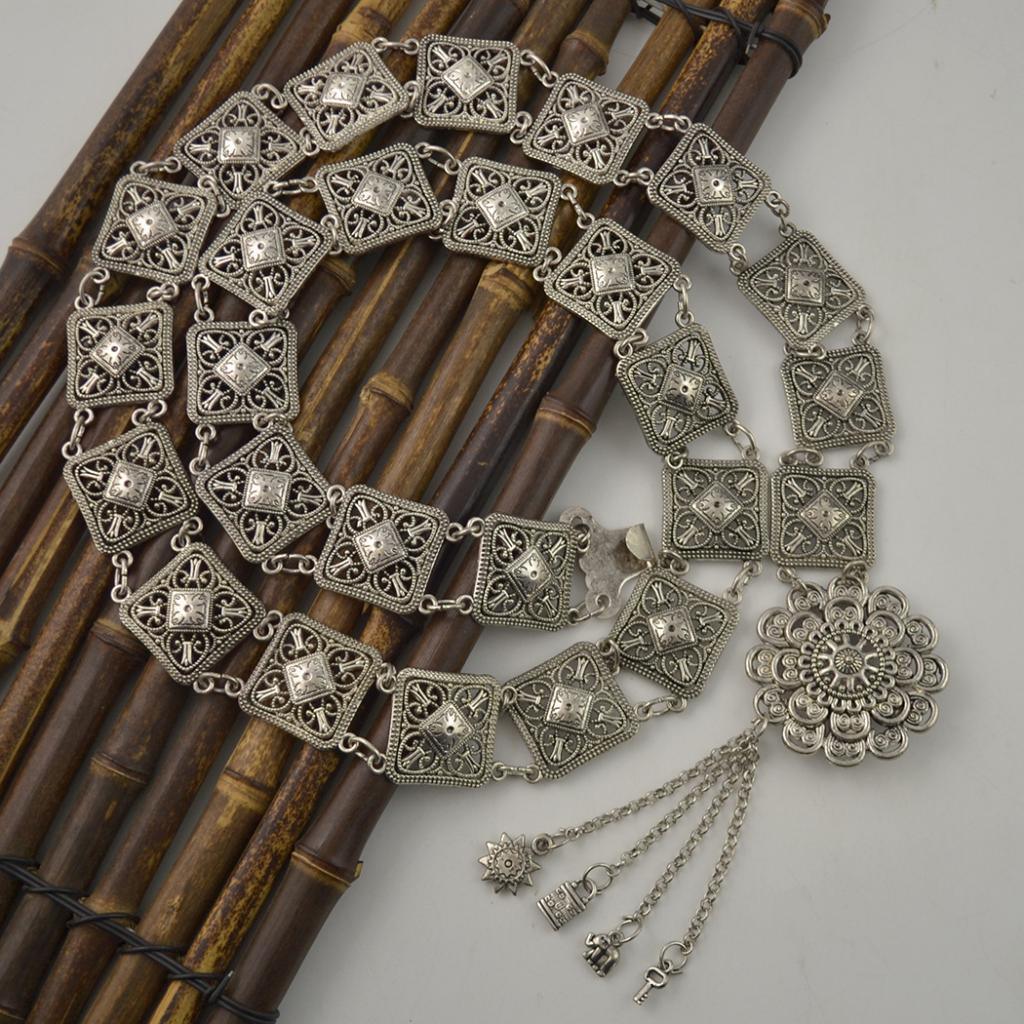 Maxbell Vintage Turkish Geometric Square Carved Waist Belt Silver Belly Body Chain - Aladdin Shoppers