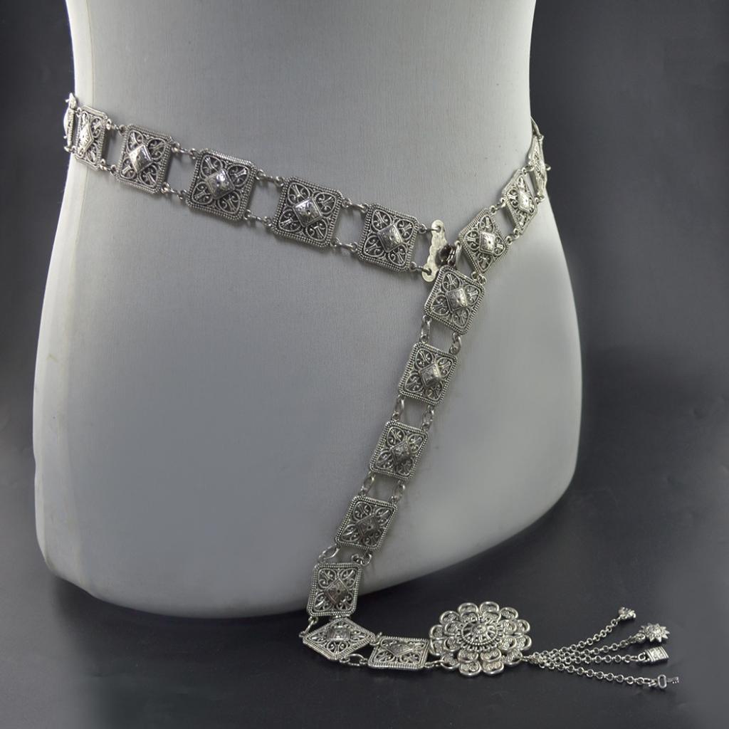 Maxbell Vintage Turkish Geometric Square Carved Waist Belt Silver Belly Body Chain - Aladdin Shoppers