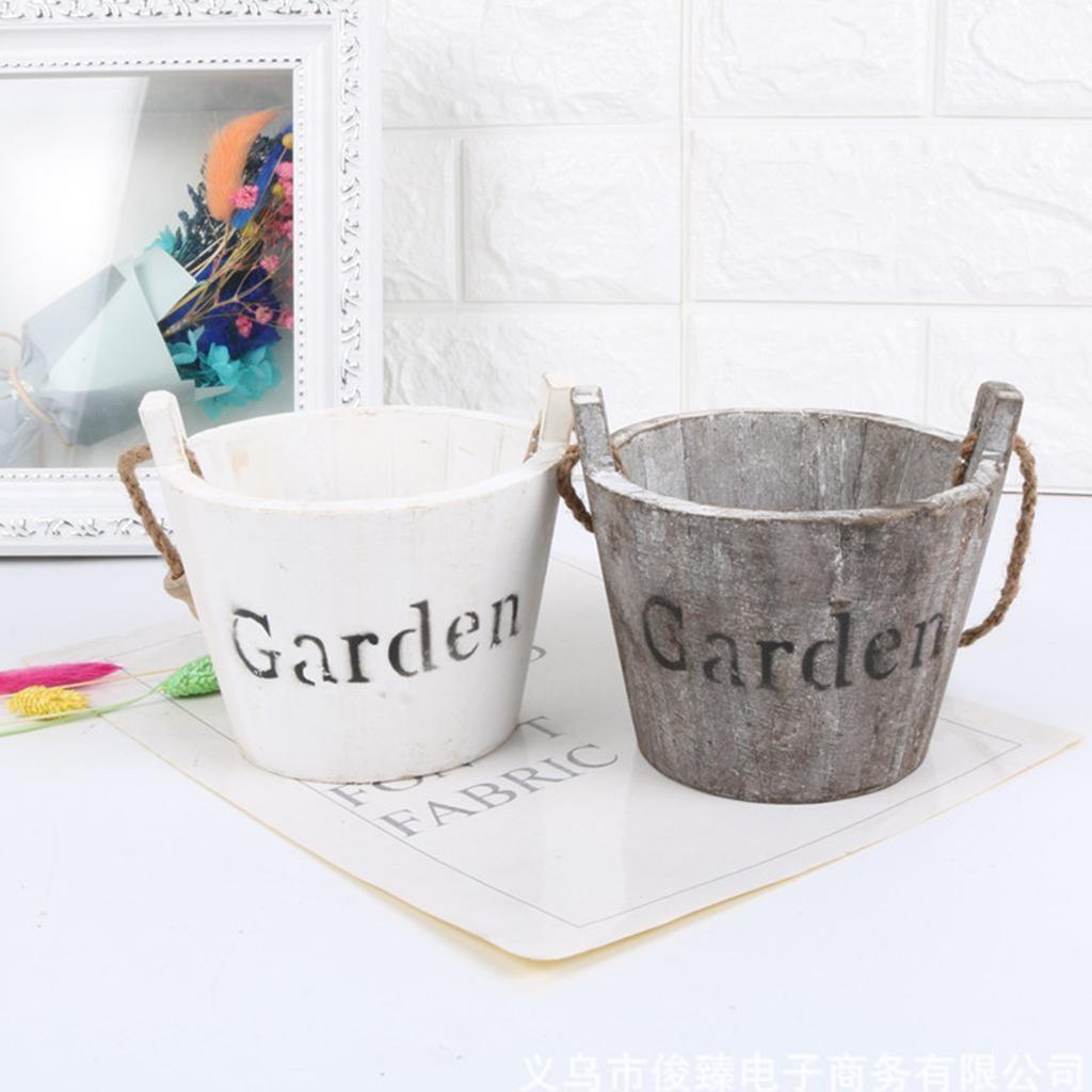 Maxbell Vintage Wood Bucket Shabby Chic Flower Pots Garden Planter Pot Round Brown - Aladdin Shoppers