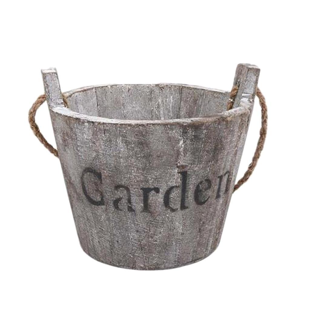 Maxbell Vintage Wood Bucket Shabby Chic Flower Pots Garden Planter Pot Round Brown - Aladdin Shoppers