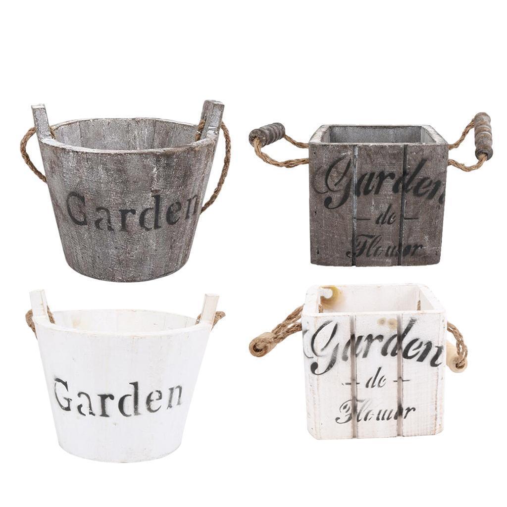 Maxbell Vintage Wood Bucket Shabby Chic Flower Pots Garden Planter Pot Round Brown - Aladdin Shoppers