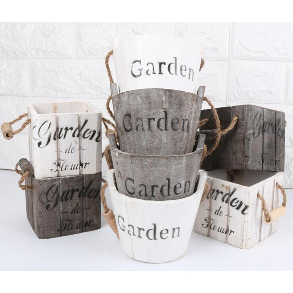 Maxbell Vintage Wood Bucket Shabby Chic Flower Pots Garden Planter Pot Round Brown - Aladdin Shoppers