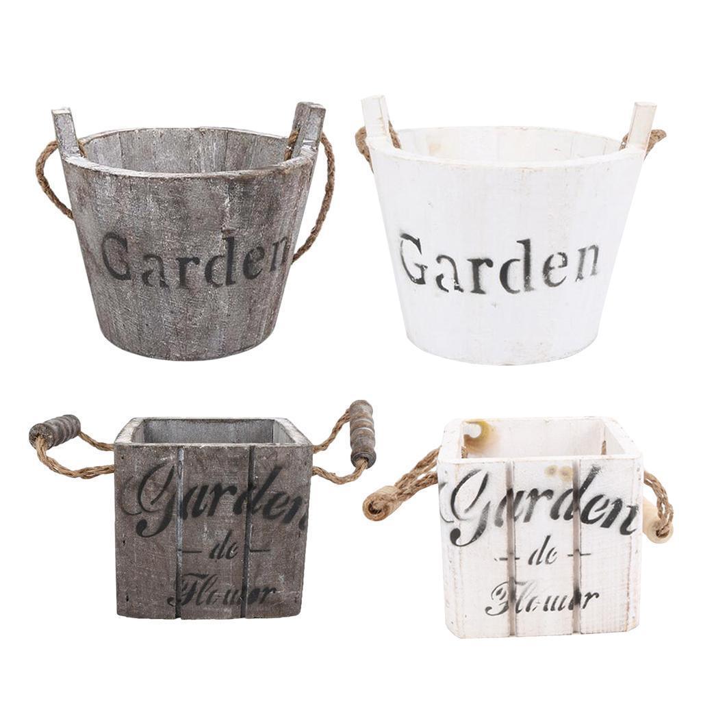 Maxbell Vintage Wood Bucket Shabby Chic Flower Pots Garden Planter Pot Round Brown - Aladdin Shoppers