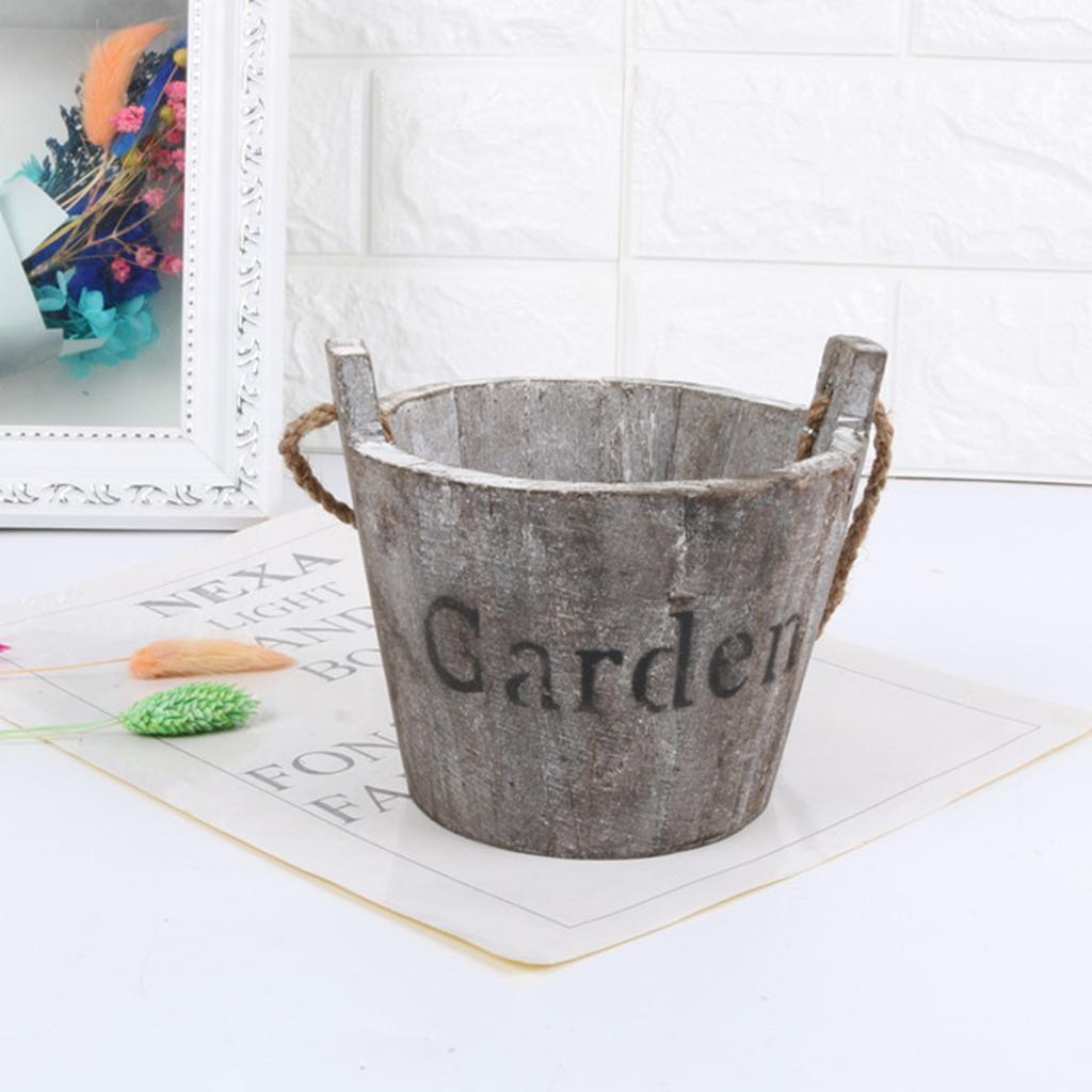 Maxbell Vintage Wood Bucket Shabby Chic Flower Pots Garden Planter Pot Round Brown - Aladdin Shoppers