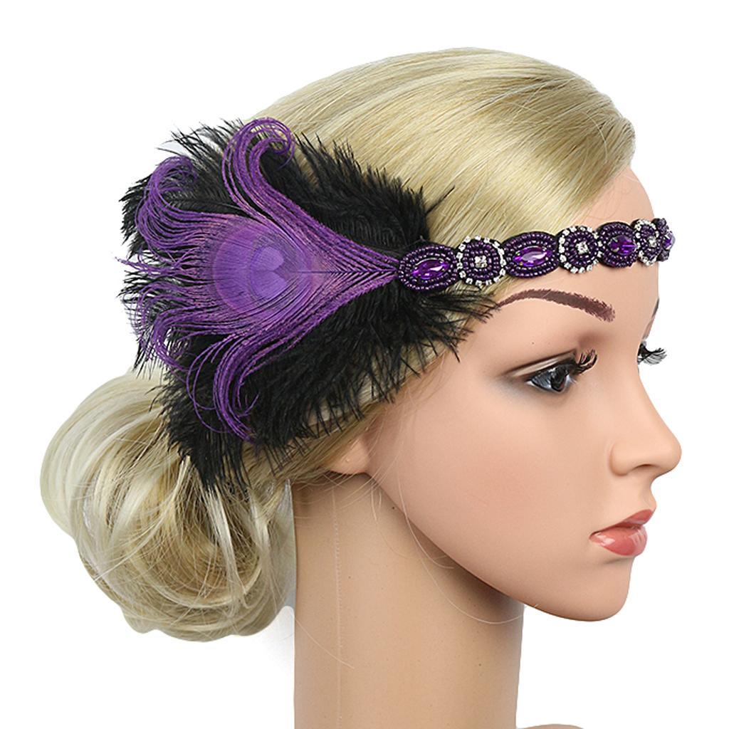 Maxbell Woman Elastic Feather Headband Party Rhinestone Forehead Decor Purple - Aladdin Shoppers