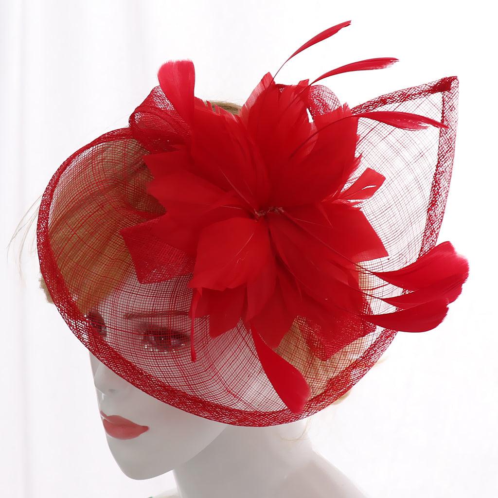 Maxbell Women's Vintage Flower Feather Mesh Net Fascinator Hair Clip Hat Party Red - Aladdin Shoppers