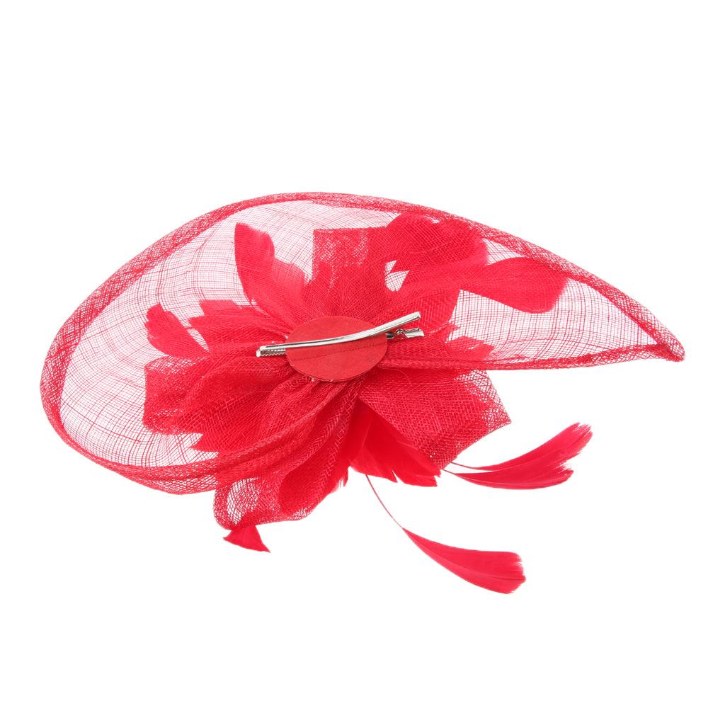 Maxbell Women's Vintage Flower Feather Mesh Net Fascinator Hair Clip Hat Party Red - Aladdin Shoppers