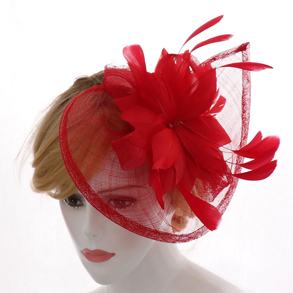 Maxbell Women's Vintage Flower Feather Mesh Net Fascinator Hair Clip Hat Party Red - Aladdin Shoppers