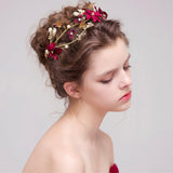 Red Rose Flower Crystal Pearl Headband Bridal Hair Jewelry Accessory For Wedding Party - Aladdin Shoppers